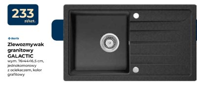 Zlewozmywak granitowy GALACTIC wym. 76x44x16,5 cm, jednokomorowy z ociekaczem, kolor grafitowy promocja w PSB Mrówka