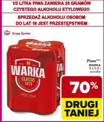 Piwo WARKA 4 x 0,5l puszka drugi -70% taniej promocja w Carrefour