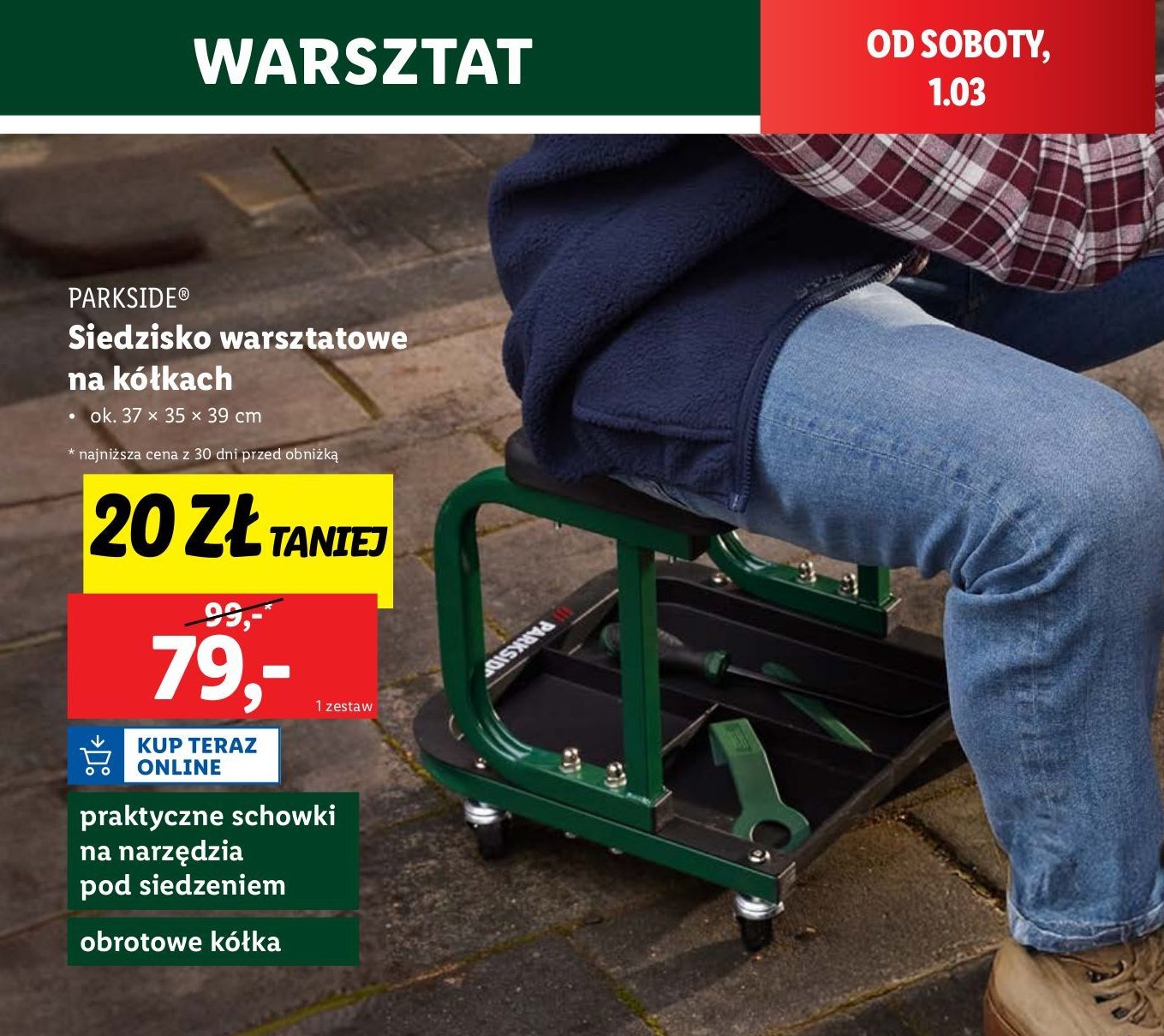 Siedzisko warsztatowe na kółkach Parkside promocja