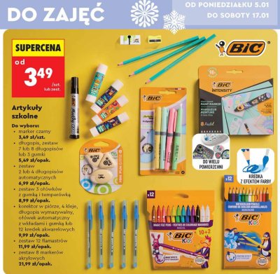 Korektor w piórze 4 kleje, długopis wymazywalny, ołówek automatyczny z wkładami i gumką lub 12 kredek akwarelowych promocja w Biedronka