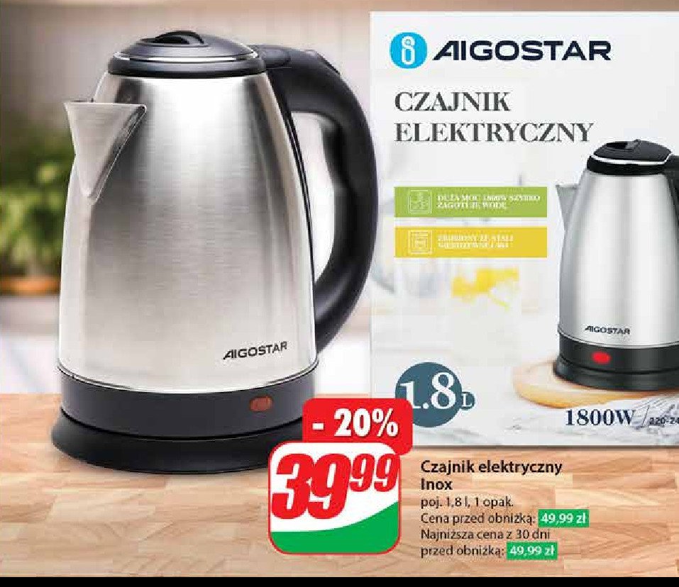 Czajnik 1800w inox Aigostar promocja w Dino