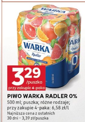 Piwo Warka Radler 0%, różne rodzaje promocja w Stokrotka