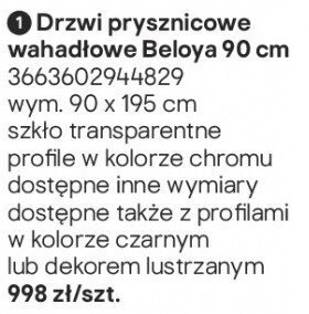 Drzwi prysznicowe wahadłowe Beloya 90 cm promocja w Castorama