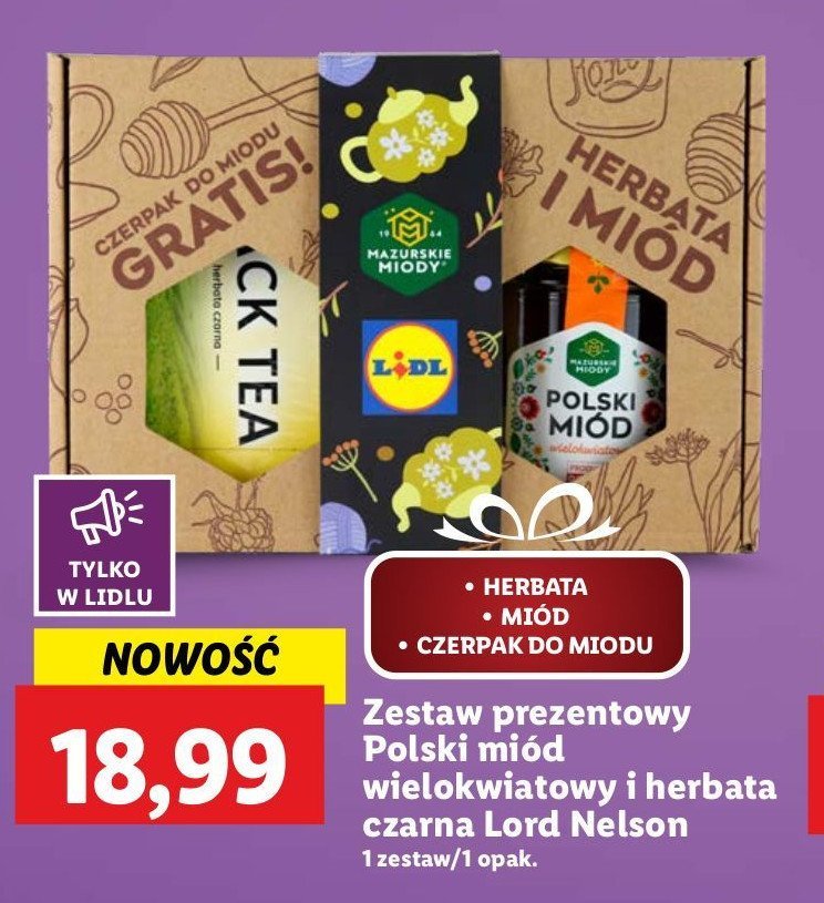 Zestaw w pudełku: miód wielokwiatowy + herbata czarna lord nelson promocja