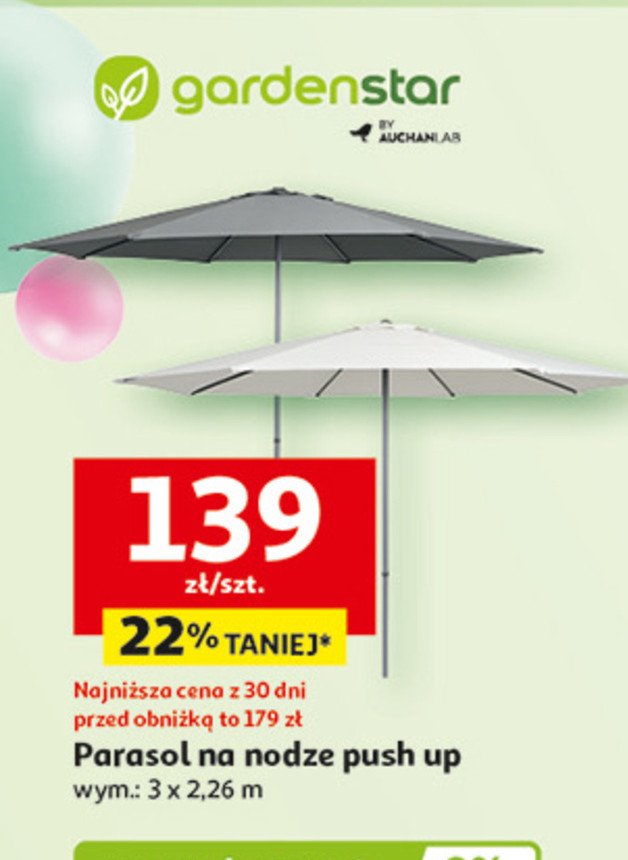 Parasol push up 3 x 2.26 m Garden star promocja w Auchan