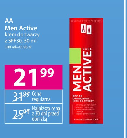 Krem do twarzy spf30 Aa men active promocja