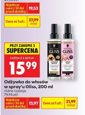 Odżywka do włosów w spray'u Gliss 200 ml różne rodzaje promocja w Biedronka