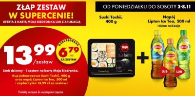Zestaw Sushi Toshii 400g + Napój Lipton Ice Tea 500ml różne rodzaje Toshii/Lipton promocja w Biedronka