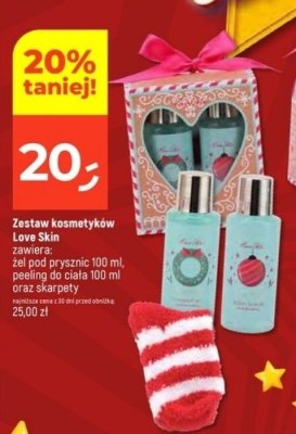 Zestaw kosmetyków Love Skin (żel pod prysznic 100 ml, peeling do ciała 100 ml oraz skarpety) promocja w Dealz