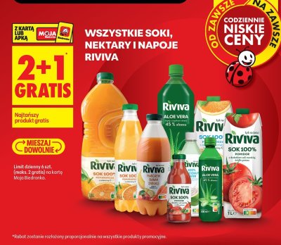 Sok/napój Riviva - wszystkie smaki (pomarańcza, aloe vera, pomidor, różne rodzaje) promocja w Biedronka