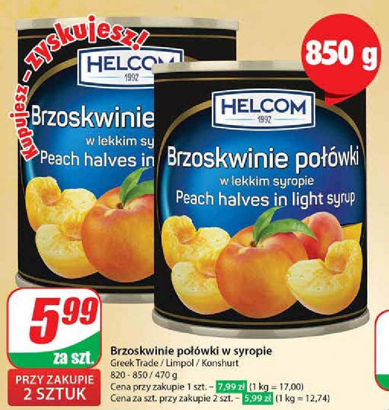 Brzoskwinie połóki w lekkim syropie Helcom promocja w Dino