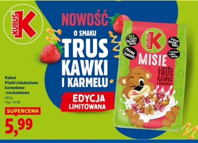 Płatki śniadaniowe Kubuś Płatki śniadaniowe karmelowo-truskawkowe promocja w Lidl