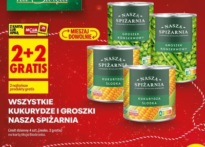 Wszystkie groszki i kukurydze konserwowe Nasza Spiżarnia 2+2 gratis promocja w Biedronka