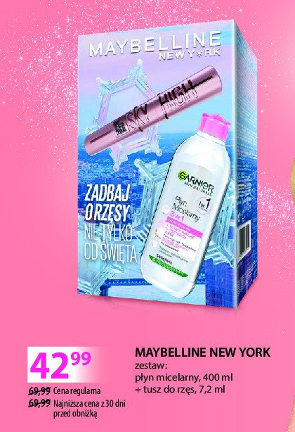 Zestaw w kartonie: płyn micelarny 3w1 garnier 400ml + tusz do rzęs sky high 7.2ml Maybelline zestawy promocja w Hebe