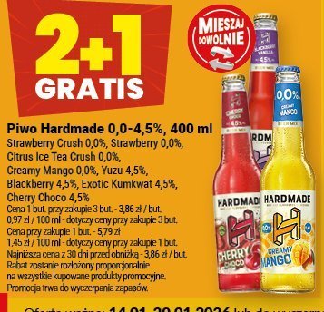 Piwo Hardmade 0,0-4,5% 400ml Strawberry Crush 0,0% Strawberry 0,0% Citrus Ice Tea Crush 0,0% Creamy Mango 0,0% Yuzu 4,5% Blackberry 4,5% Exotic Kumkwat 4,5% Cherry Choco 4,5% promocja w Twój Market