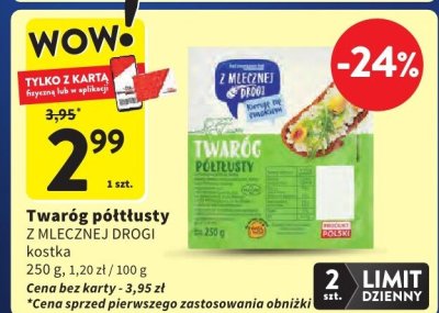 Twaróg półtłusty Z MLECZNEJ DROGI kostka promocja w Intermarche