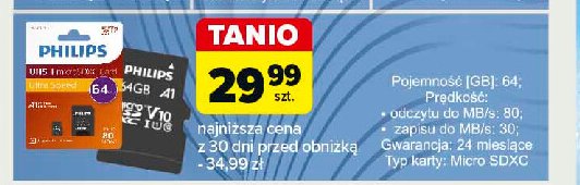 Karta pamięci micro sd 64 gb + adapter Philips promocja w Carrefour