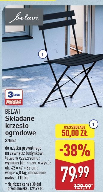 Krzesło ogrodowe składane BELAVI promocja w Aldi
