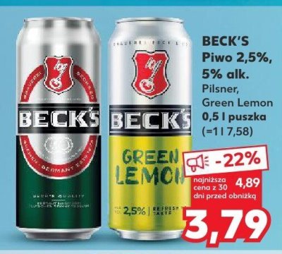 Piwo Beck's Pilsner, Green Lemon 6 x 0,5 l puszka promocja w Kaufland