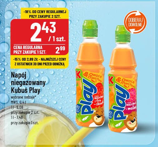 Napój marchew-truskawka-limetka Kubuś play! promocja