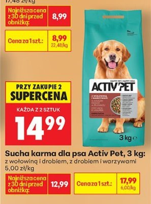 Sucha karma dla psa Activ Pet 3kg: z wołowiną i drobiem, z drobiem i warzywami promocja w Biedronka