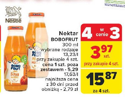 Nektar jabłko banan i marchewka Bobo frut promocja w Carrefour Market