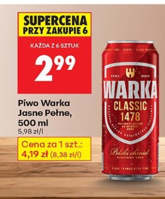 Piwo Warka Jasne Pełne, 500 ml promocja w Biedronka