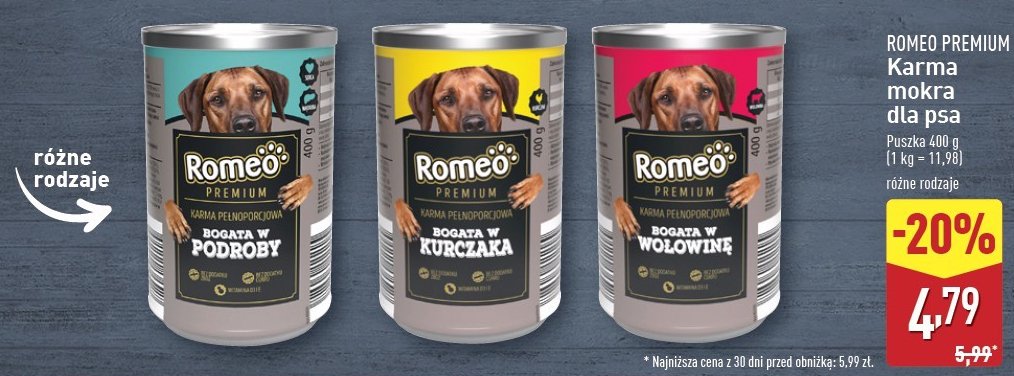 Karma dla psa bogata w wołowinę Romeo (karma) promocja w Aldi