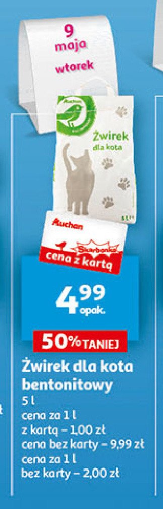 Żwirek dla kota bentonitowy Auchan na co dzień (logo zielone) promocja