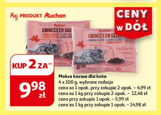 Karma dla kota adult kawałki w galarecie 1x pstrąg 1x drób 1x królik 1x wątroba Auchan różnorodne (logo czerwone) promocja