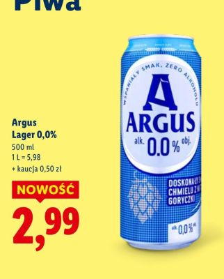 Piwo Argus Lager 0,0% promocja w Lidl