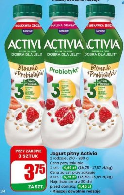 Jogurt pitny Activia błonnik + probiotyki truskawka-zboża promocja w Dino