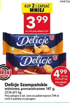 Ciastka Delicje Szampańskie wiśniowe, pomarańczowe promocja w LEWIATAN