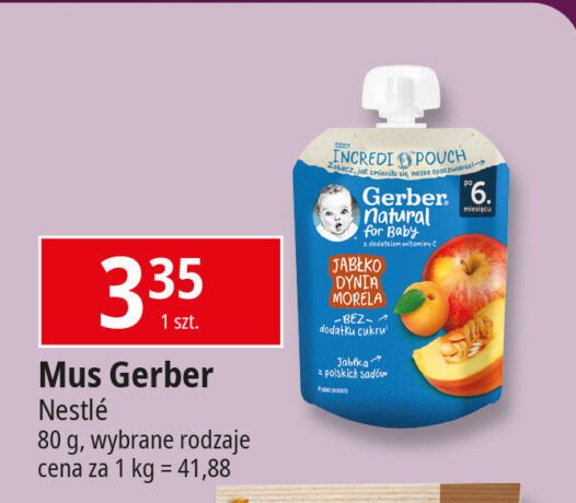 Deserek jabłko dynia i morela Gerber natural for baby promocja w Leclerc