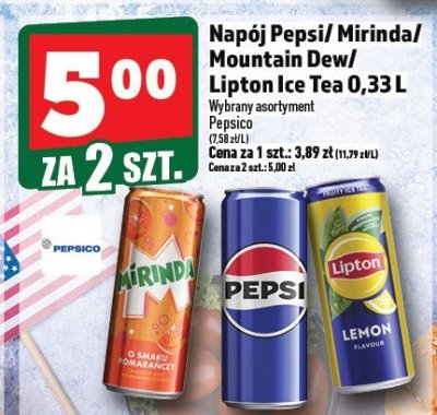Napój Pepsi / Mirinda / Mountain Dew / Lipton Ice Tea 0,33 L promocja w TOPAZ