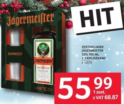 Zestaw likier Jagermeister 35% 700 ml z 2 kieliszkami promocja w Selgros