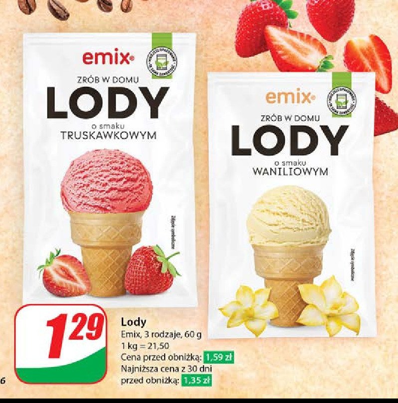 Lody truskawkowe w proszku Emix promocja w Dino