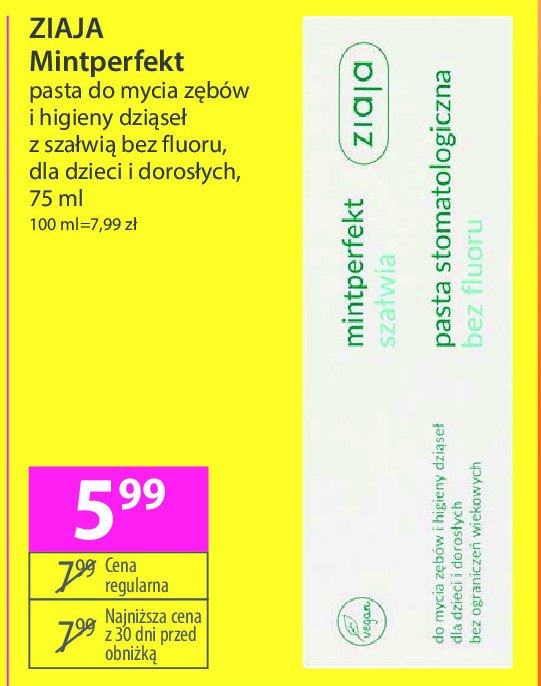 Pasta do zębów szałwiowa bez fluoru Ziaja mintperfekt promocja