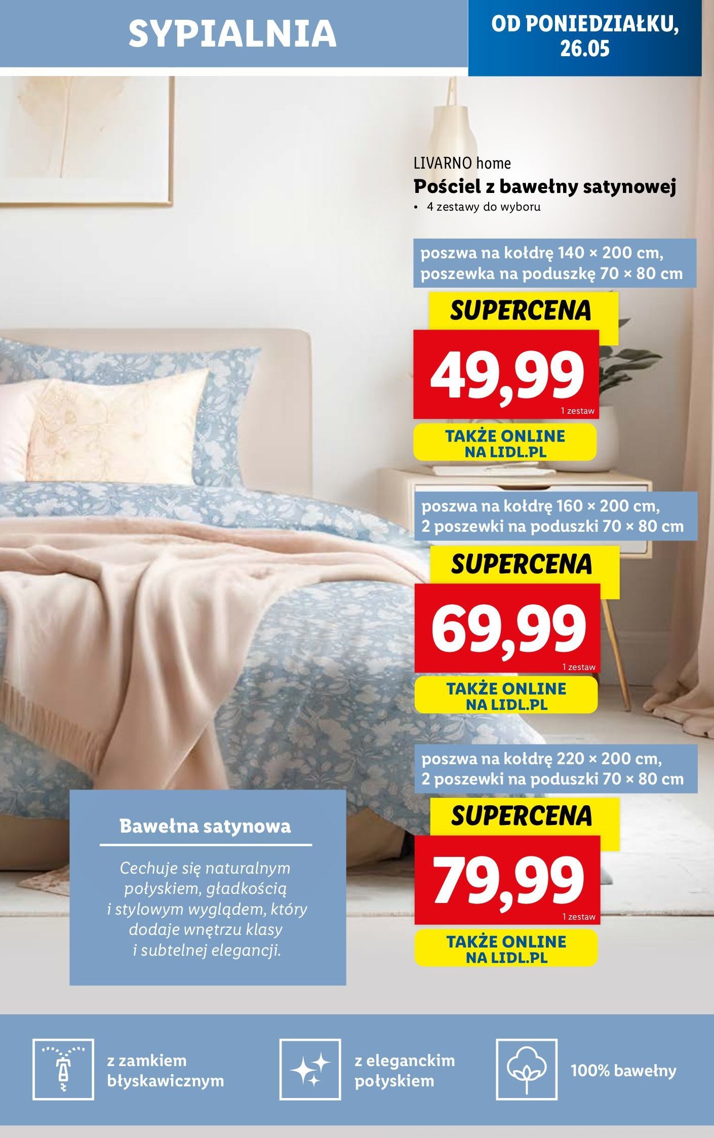 Pościel z bawełny satynowej 140 x 200 cm + 70 x 80 cm promocja w Lidl