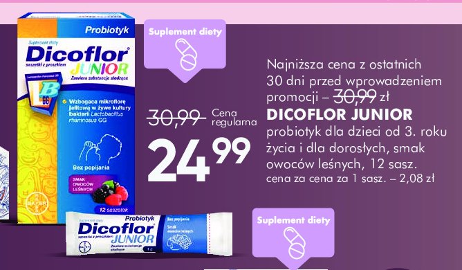 Saszetki wspomagające odporność owoce leśne Dicoflor junior promocja w Super-Pharm