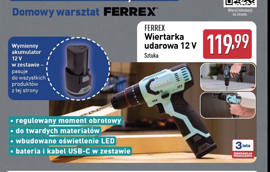 Wiertarka udarowa 12 v Ferrex promocja w Aldi