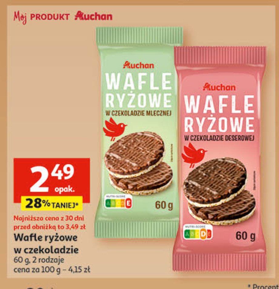 Wafle ryżowe w czekoladzie mlecznej Auchan różnorodne (logo czerwone) promocja