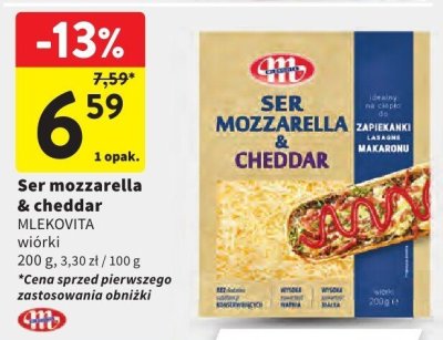Ser mozzarella & cheddar MLEKOVITA wiórki promocja w Intermarche