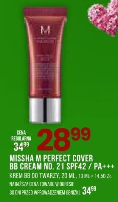 Krem do twarzy MISSHA PERFECT COVER BB CREAM NO. 21 SPF42 / PA+++ 20 ML promocja w Drogerie Natura