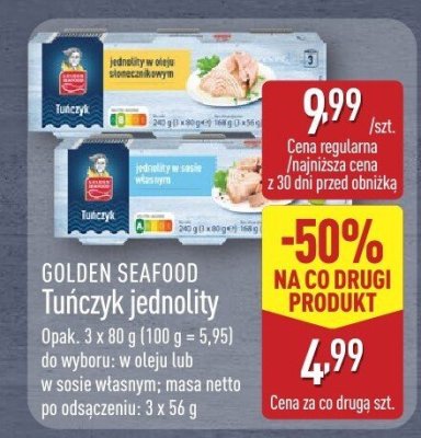 Tuńczyk jednolity GOLDEN SEAFOOD w oleju lub sosie własnym promocja w Aldi