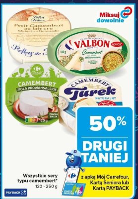 Ser typu camembert Petit Camembert, Valbon, Targrés Camembert Turek 120-250g promocja w Carrefour Market