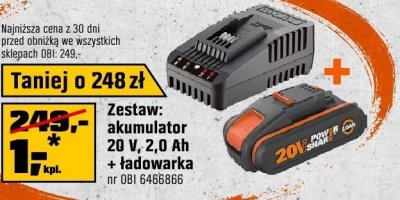 Zestaw akumulator Worx 20 V 2,0 Ah + ładowarka promocja w OBI