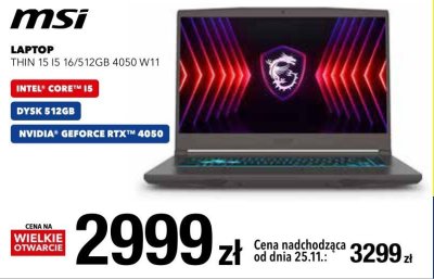 Laptop MSI THIN 15 i5 16/512GB 4050 W11 promocja w RTV EURO AGD