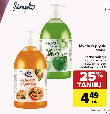 Mydło brzoskwinia Simpl promocja w Carrefour Market