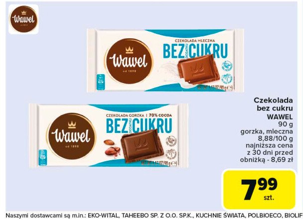 Czekolada mleczna bez dodatku cukru Wawel promocja